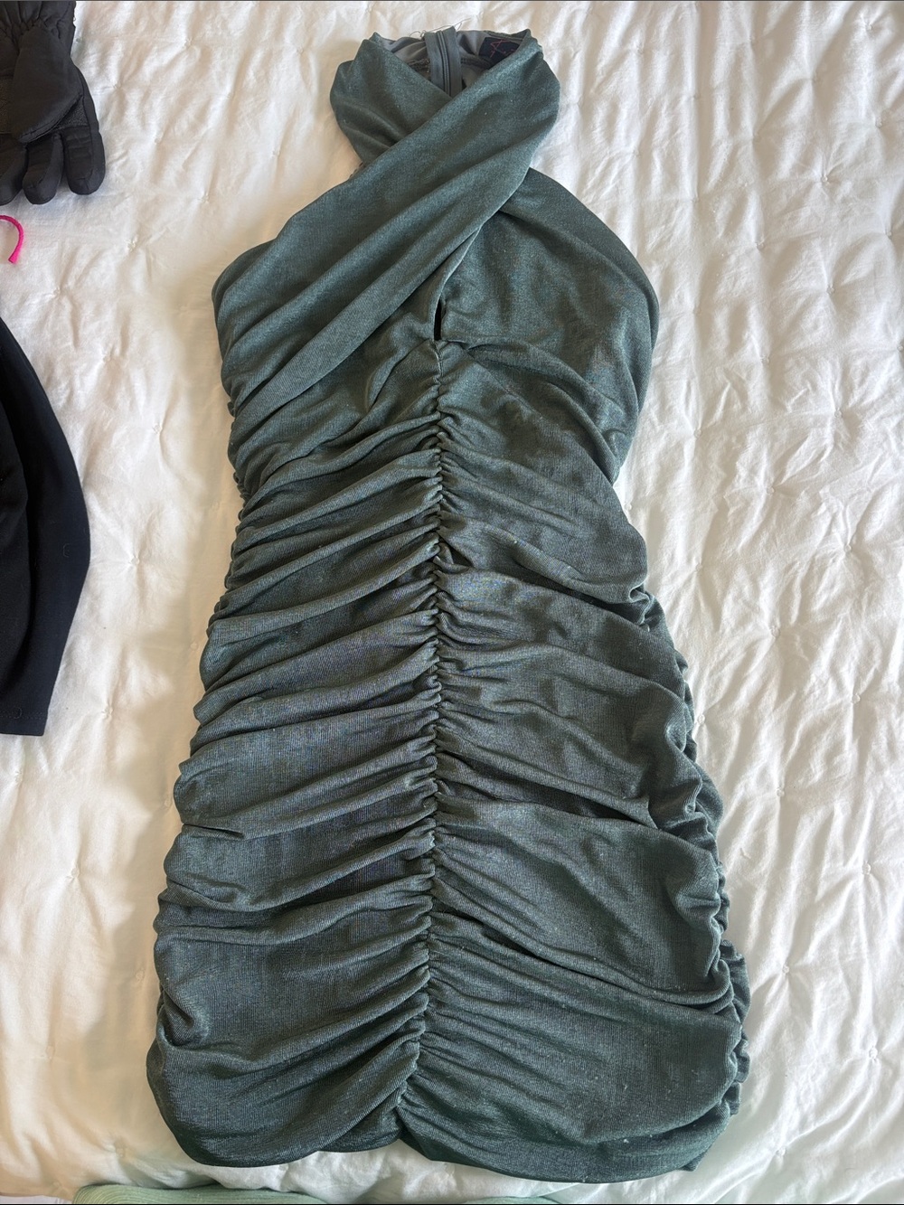 Ruched Halter Mini Dress in Metallic Slate Green